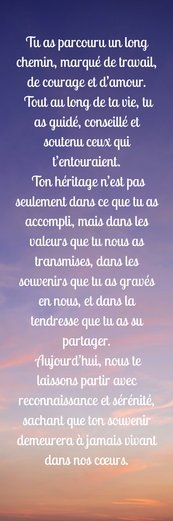 Verso du même signet funéraire : texte d'hommage complet sur un ciel de fin de journée aux teintes douces.
