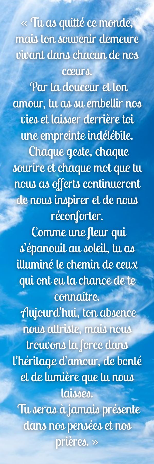 Verso du même signet funéraire : texte d'hommage complet sur un ciel bleu parsemé de nuages légers.